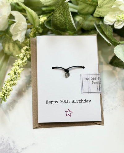 Happy 30th Birthday - 30 Stamped Disc Black Cord Wish Bracelet