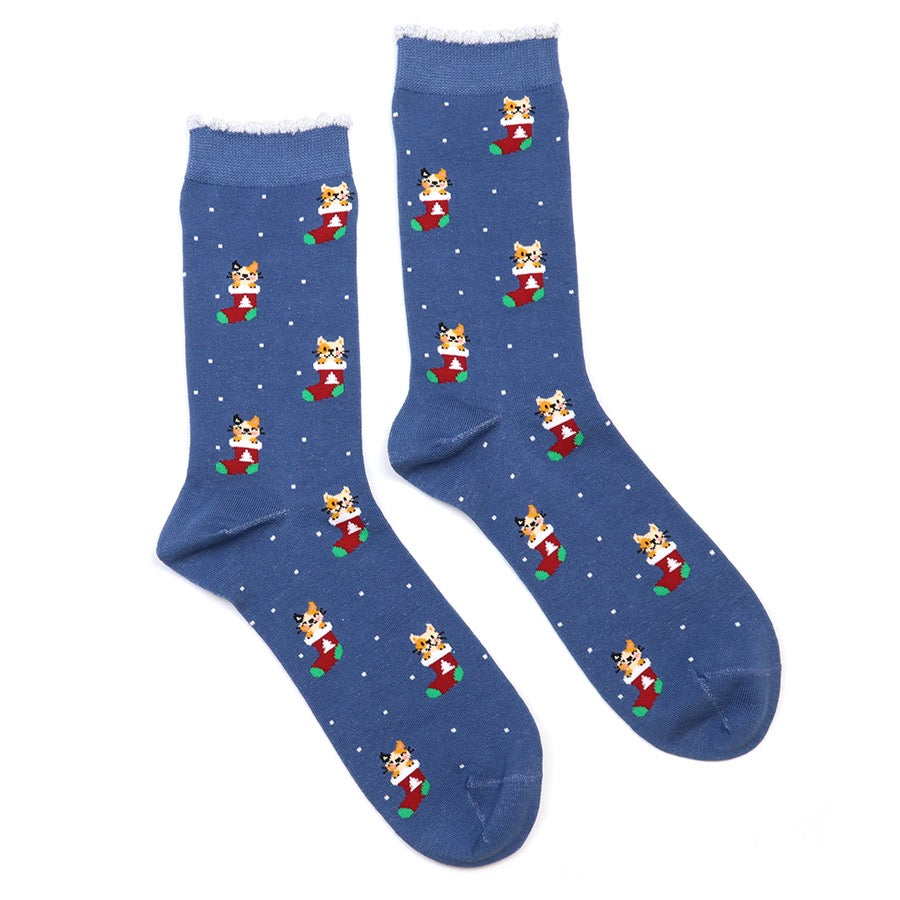 POM - Christmas Stocking Cat Print - Ladies Ankle Socks - Blue