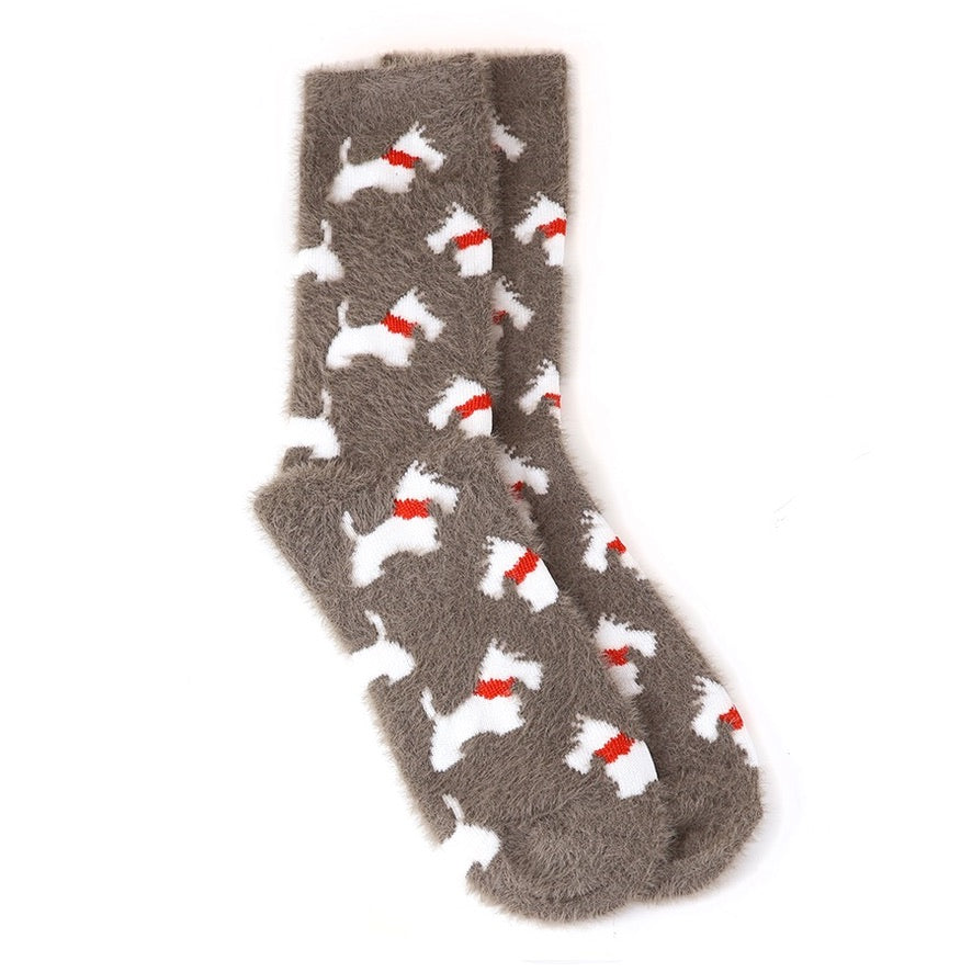 POM - Scotty Dog - Fluffy Cosy Ladies Socks - Dusky Brown