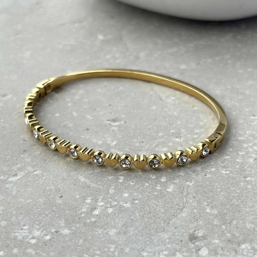 Gold &amp; Crystal Heart Bangle Bracelet - Flax Barn Waterproof Jewellery