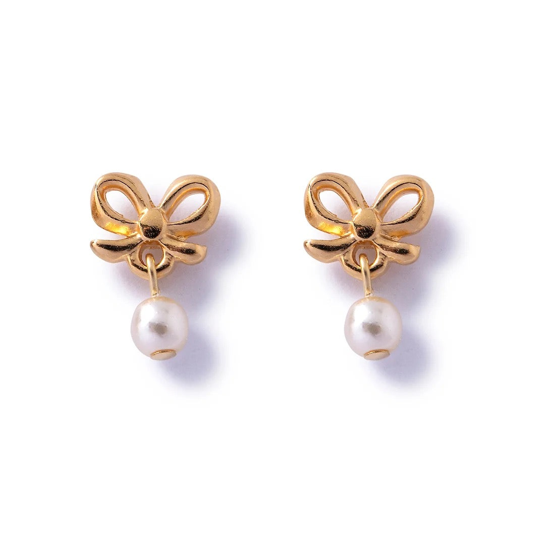 Carrie Elspeth - Gold Bow Stud Earrings with Glass Pearl Dropper - Gold