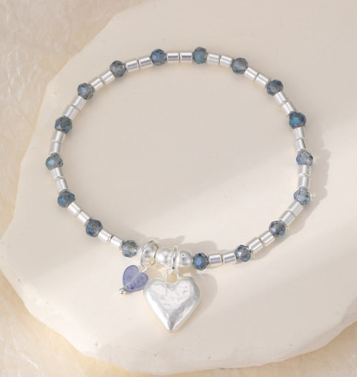 Gracee Jewellery - Hammered Heart Blue Crystal &amp; Silver - Stretch Beaded Bracelet