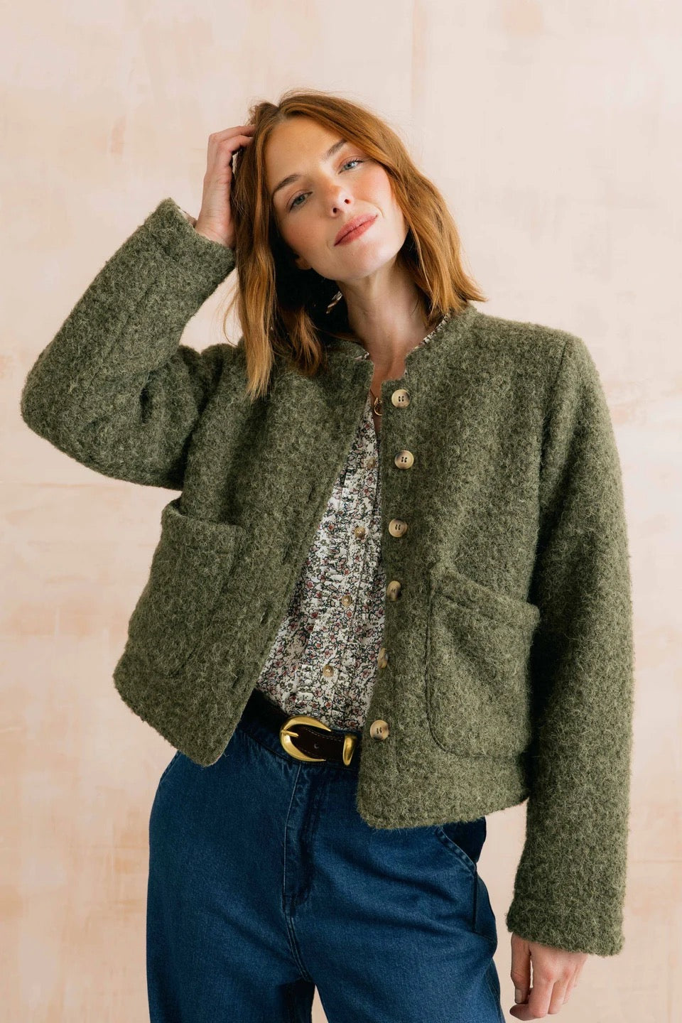 Scarlett - Plain Boucle &amp; Checked Reversible 2in1 Jacket - Dark Olive - Lily &amp; Me