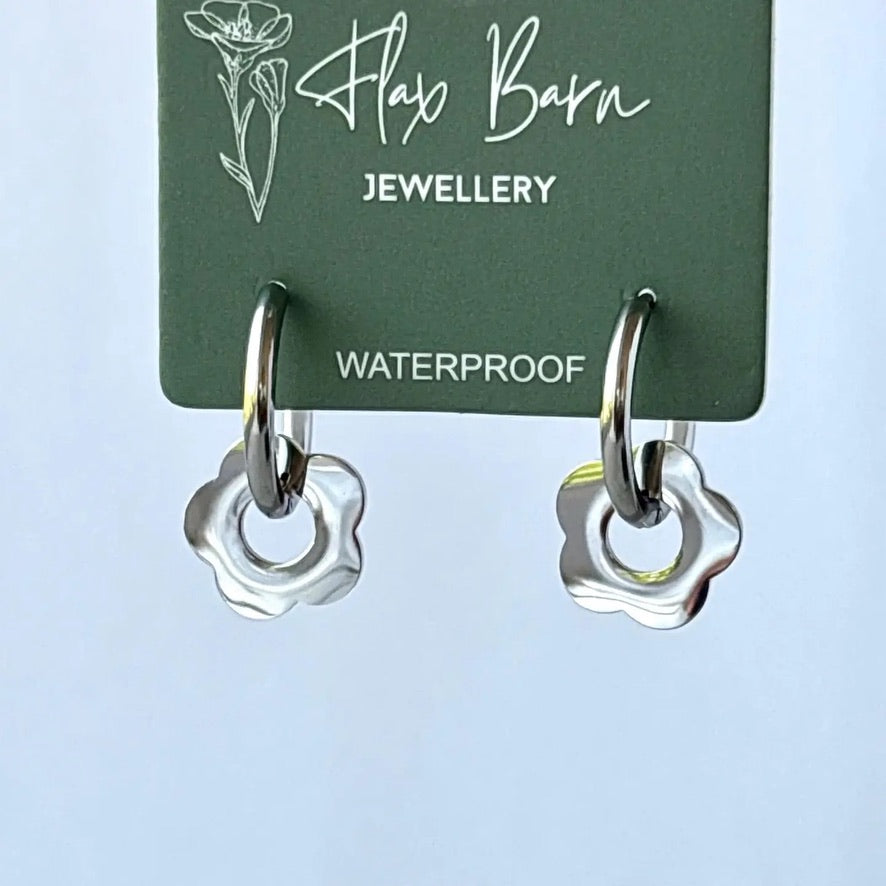 Daisy Flower Charm Silver Hoop Earrings - Flax Barn Waterproof Jewellery