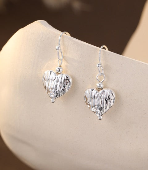 Gracee Jewellery - Textured Silver Hearts - Drop Earrings