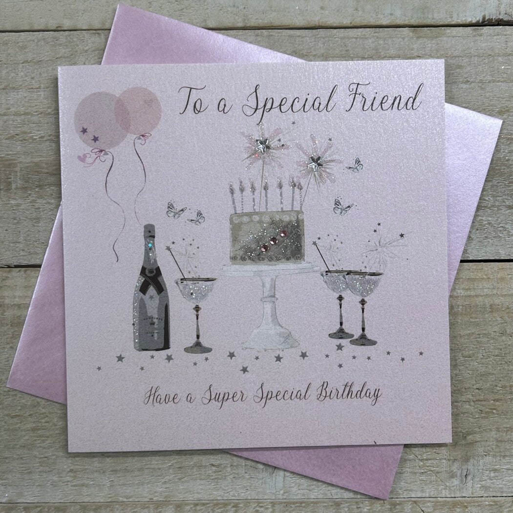 Special Friend Sparkling Cake, Balloons &amp; Glasses Card - White Cotton Cards