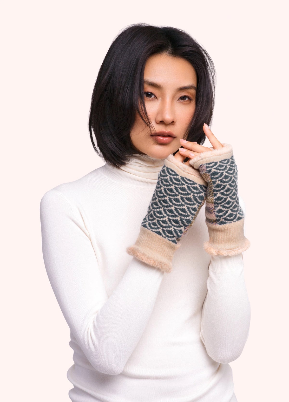 Powder - Agatha - Knitted Fluffy Lined Fingerless Wrist Warmers - Denim Mix