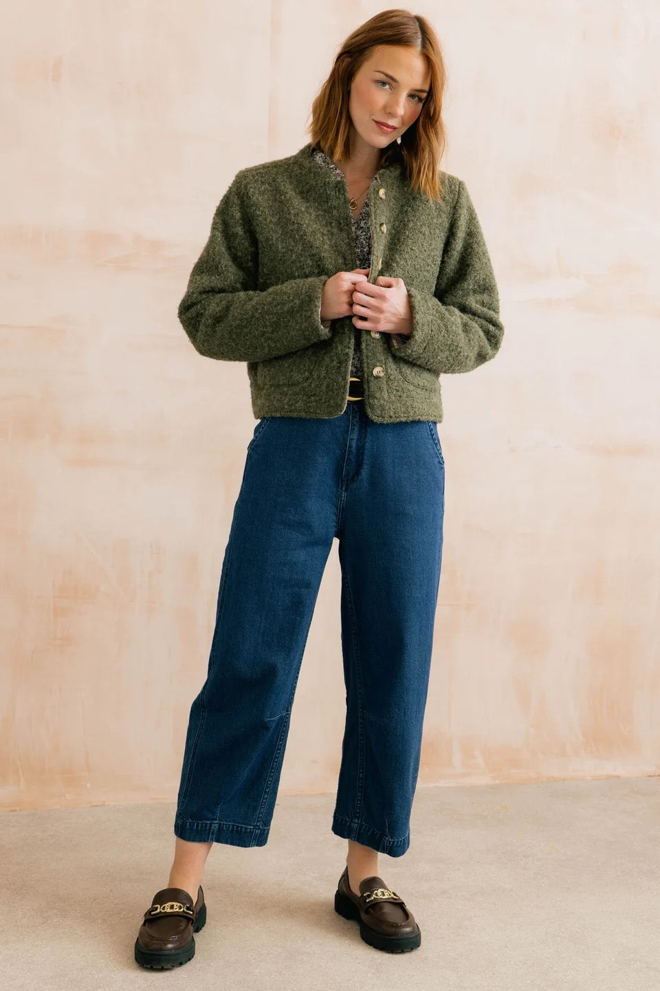 Scarlett - Plain Boucle &amp; Checked Reversible 2in1 Jacket - Dark Olive - Lily &amp; Me