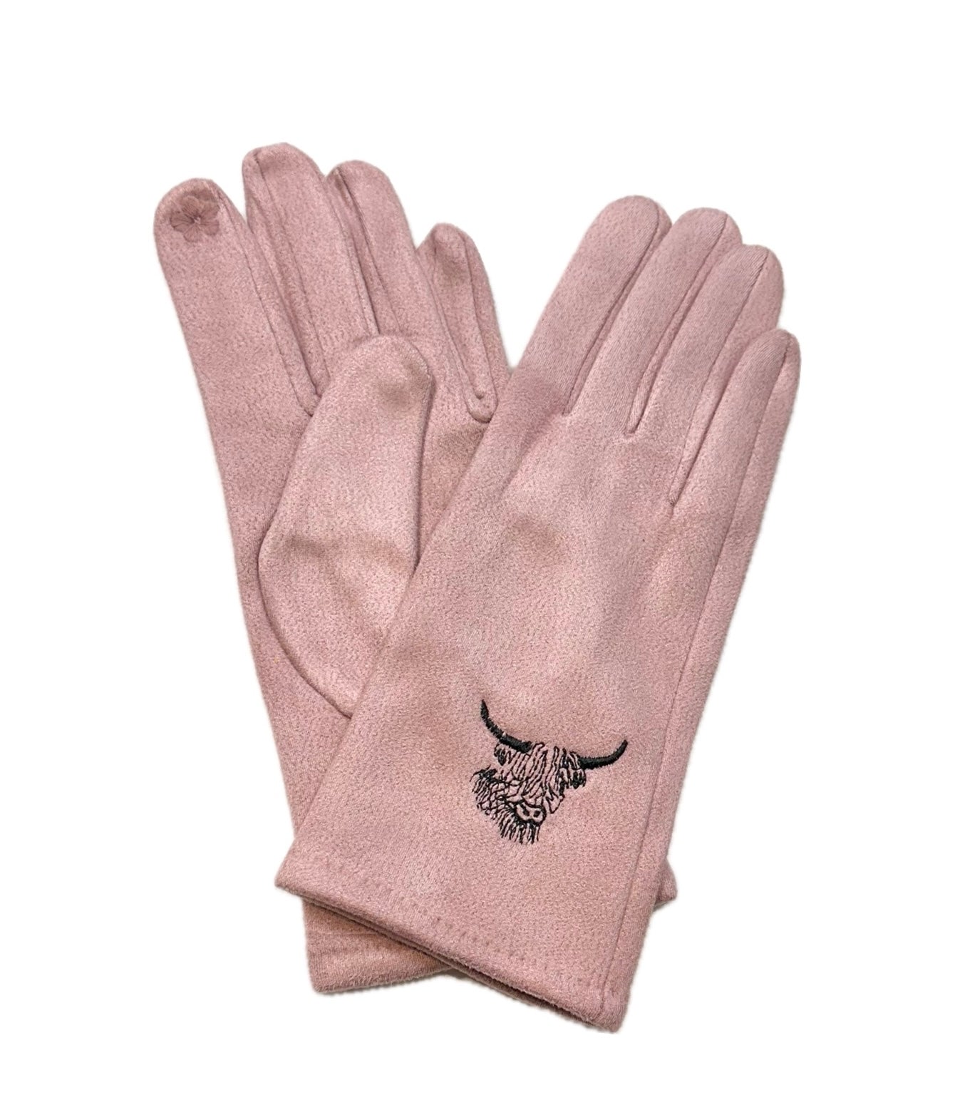 Butterfly Pink Suede Gloves with Black Embroidered Highland Cow