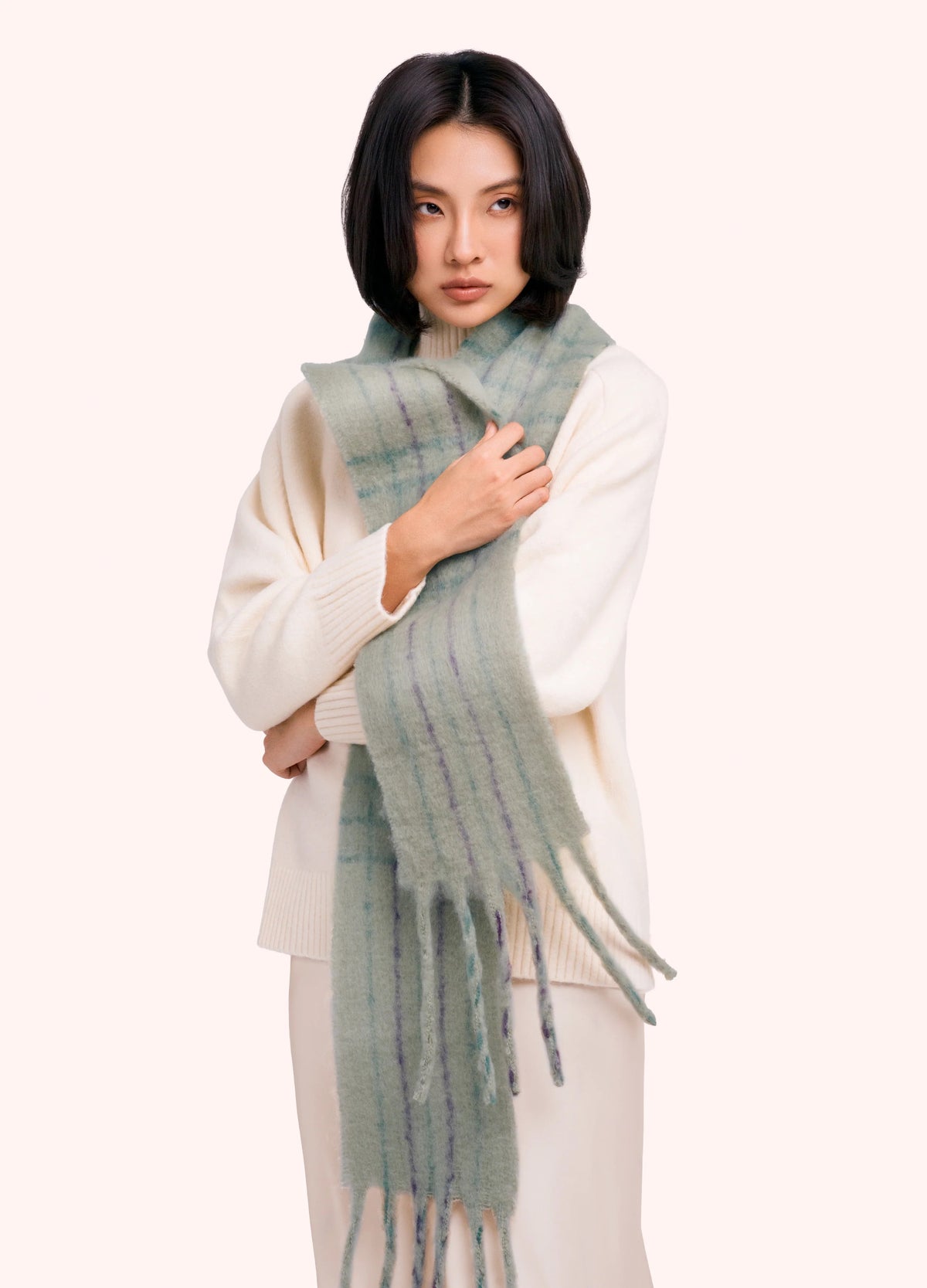 Powder - Angelica - Cosy Check Tassel Scarf - Soft Green