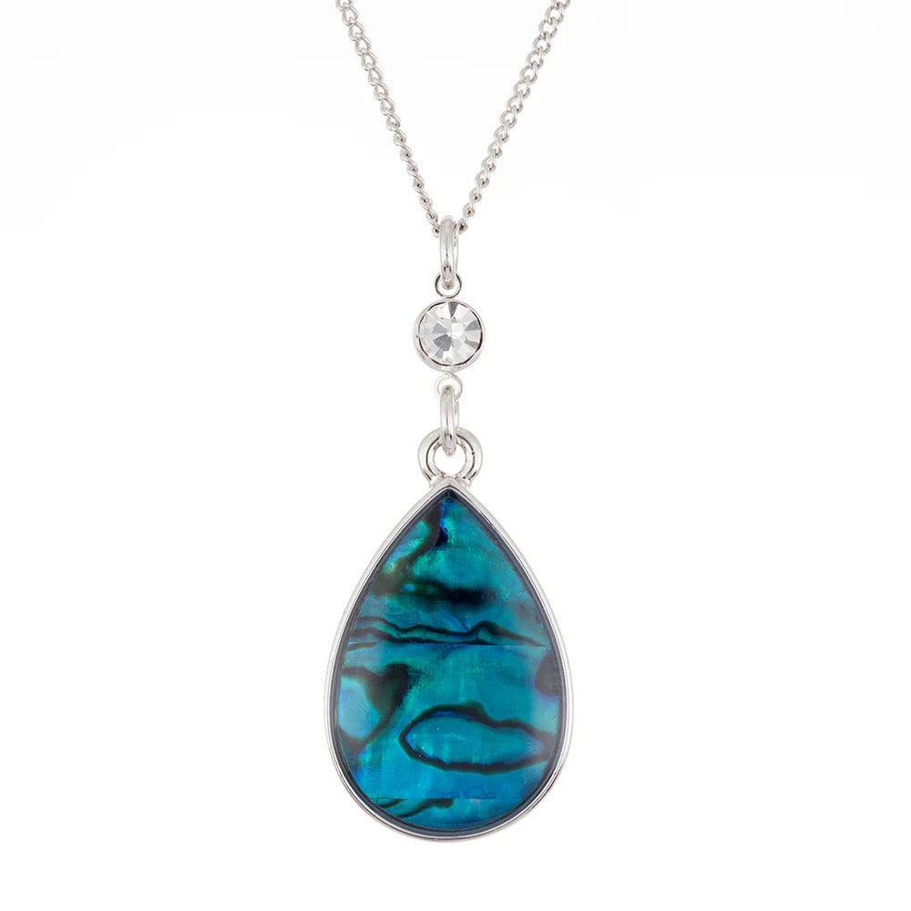 Byzantium - Paua Shell Majestic Chic Teardrop Drop Necklace With Crystal Link