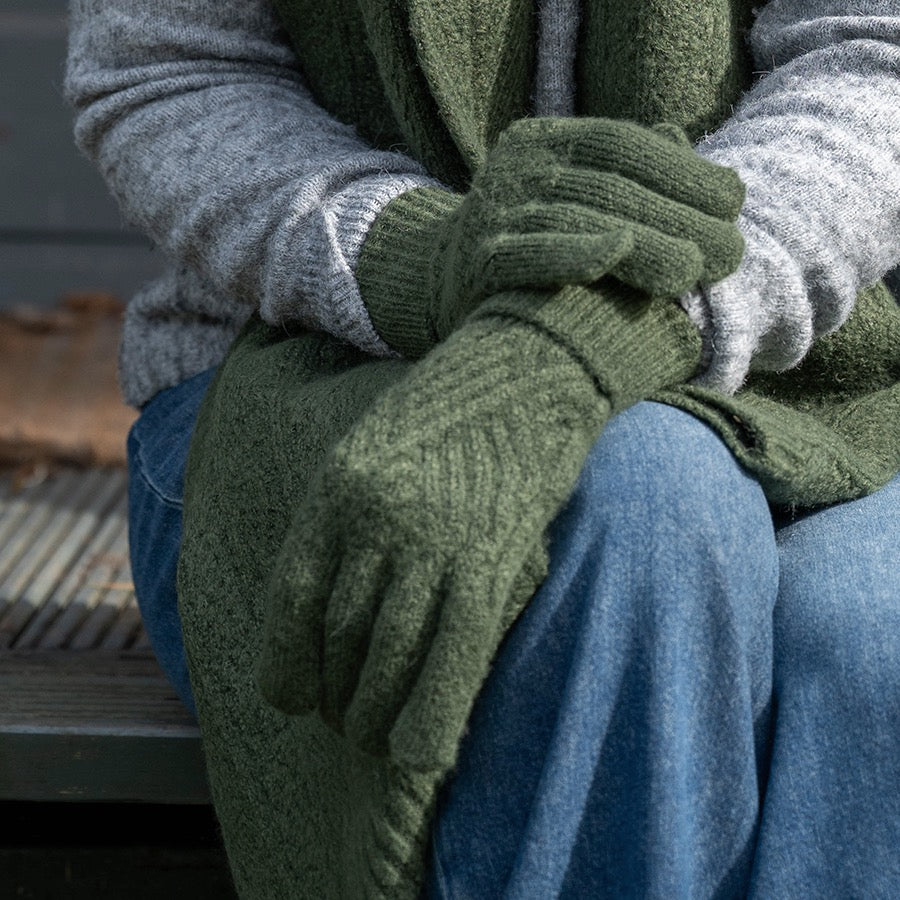POM - Charlotte - Herringbone Cable Knit Plain Wool Gloves - Moss Green