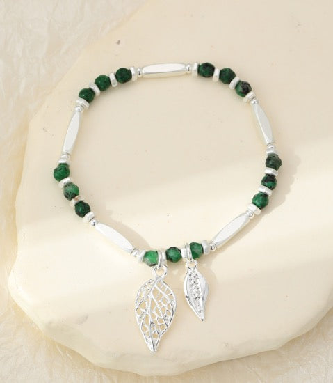 Gracee Jewellery - Twin Silver Leaf Pendant On Silver And Green - Stretch Bracelet