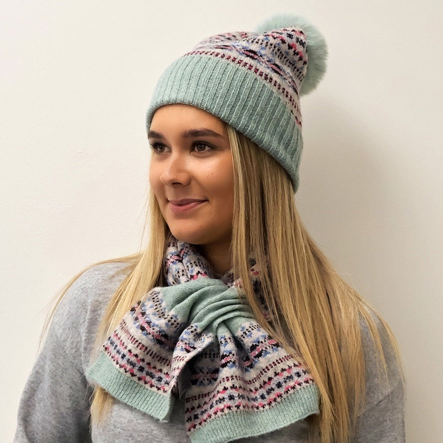 POM - Iris - Patterned Knit Pull Through Crossover Scarf - Oatmeal/Mint