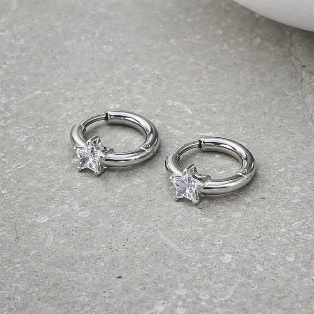Crystal Stars Huggies - Silver Hoop Earrings - Flax Barn Waterproof Jewellery