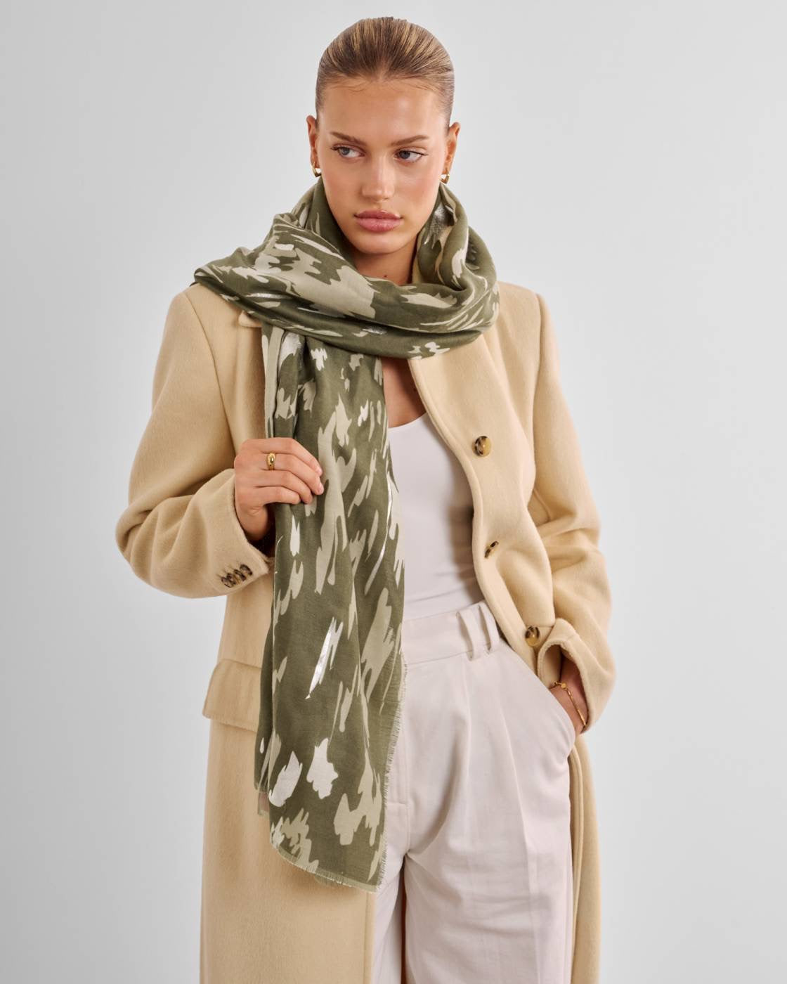 Katie Loxton Printed Scarf - Animal -Olive/Sand/Sage/Silver Foil