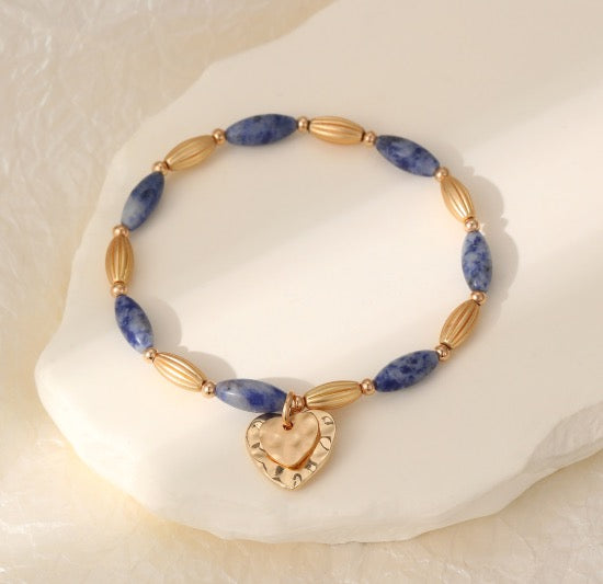 Gracee Jewellery - Blue Marble Effect Oval &amp; Gold Bead with Heart Charm - Stretch Bracelet