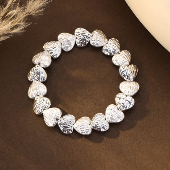 Gracee Jewellery - Silver Textured Hearts- Stretch Bracelet
