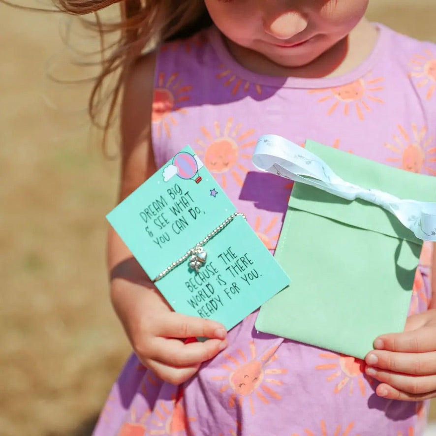 Letterbox Love -Dream Big - Heart &amp; Flower - CHILDREN'S - Silver Plated Stretch Bracelet