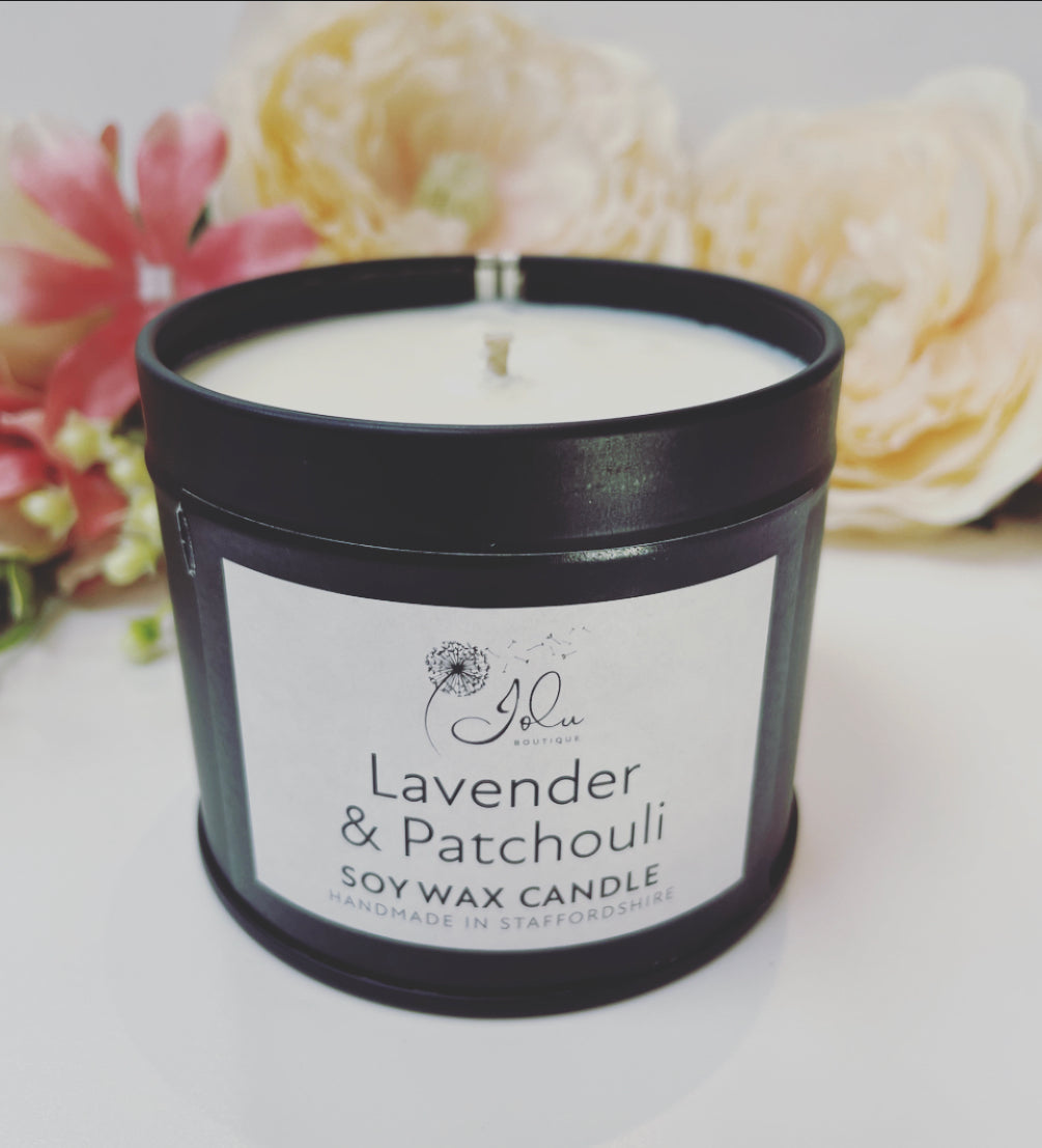 Jolu Boutique Lavender & Patchouli Tinned Soy Wax Candle - Black Tin