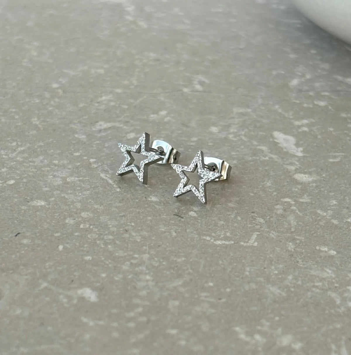 Silver Glitter Open Stars - Silver Stud Earrings - Flax Barn Waterproof Jewellery