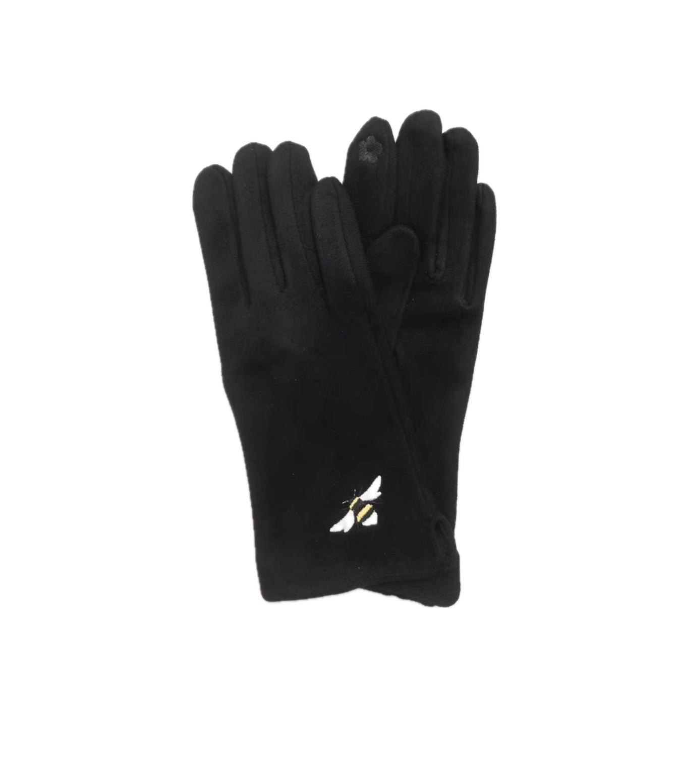 Butterfly Black Suede Gloves with Embroidered Bee