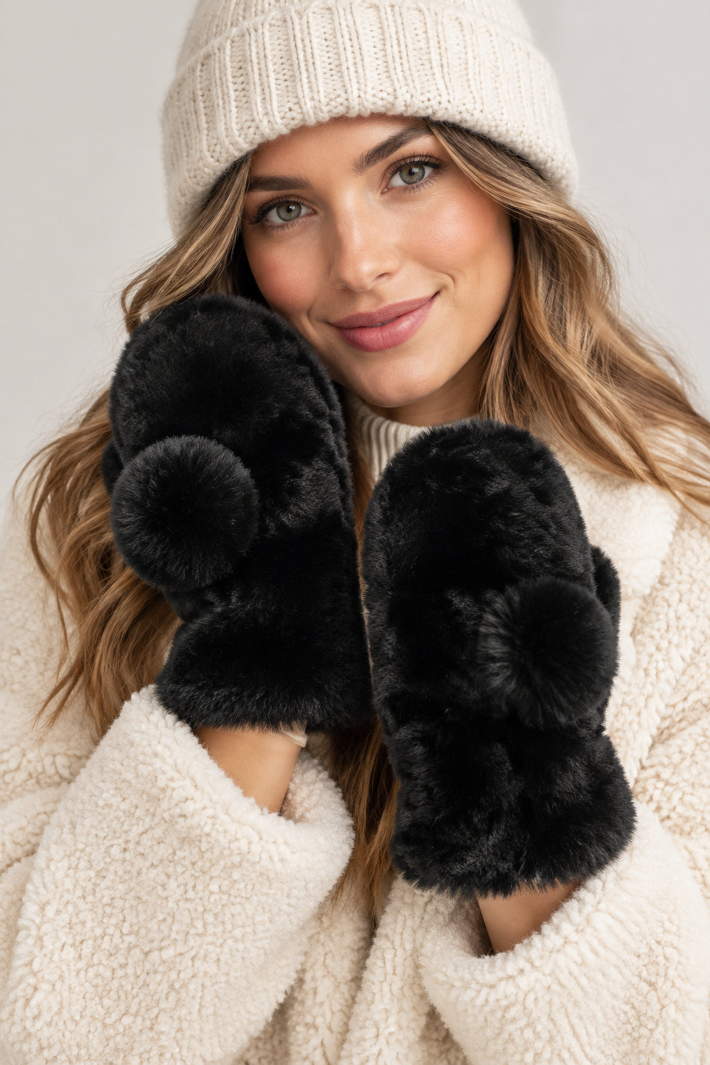 POM- Natalia - Faux Fur Mittens - Black