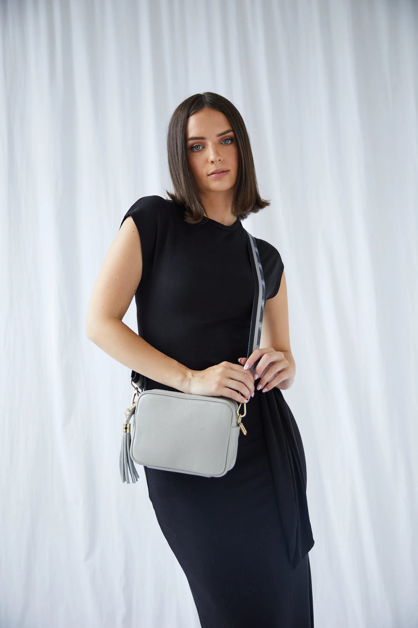 Elie Beaumont Designer Leather Crossbody Bag - Light Grey (GOLD Fittings)