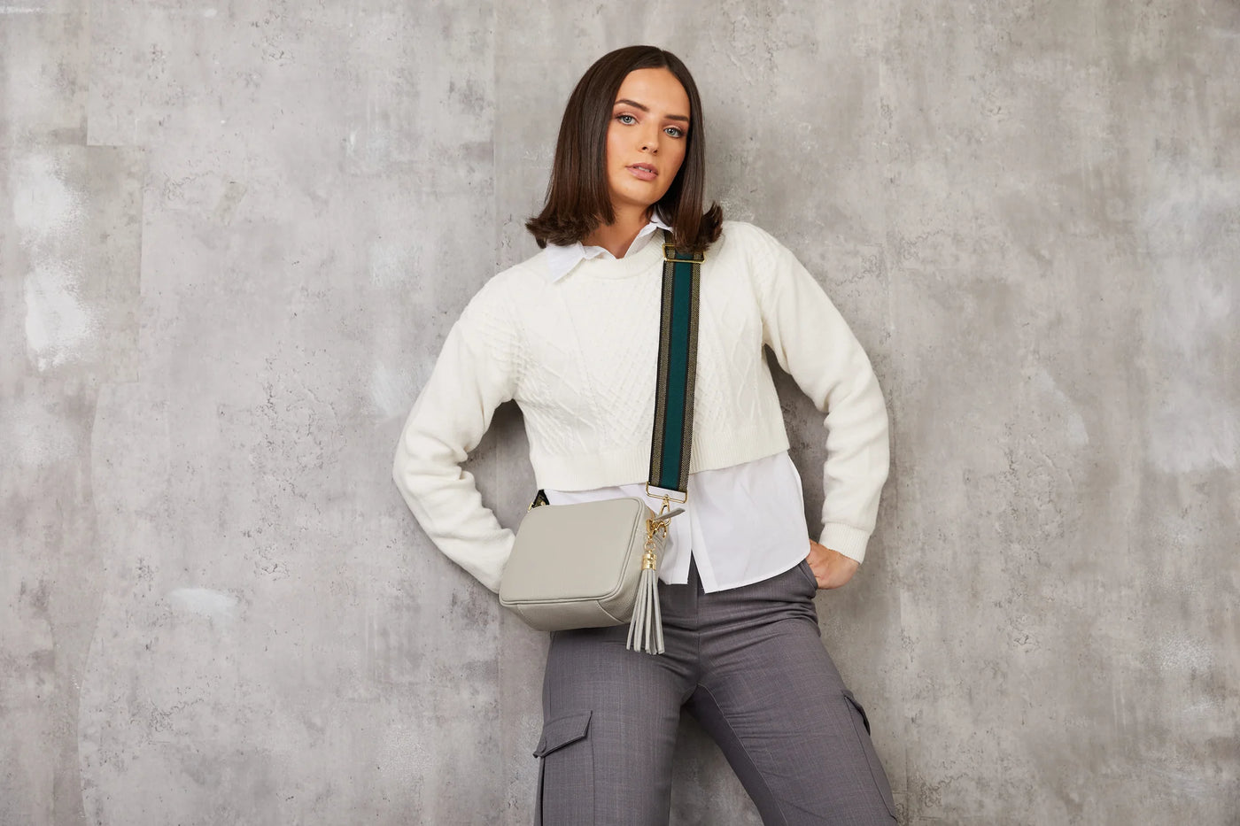 Elie Beaumont Designer Leather Crossbody Bag - Light Grey (GOLD Fittings)