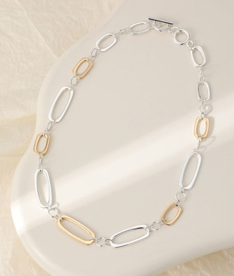 Gracee Jewellery - Open Rectangulars Two-Tone Statement Link T-Bar Necklace - Silver/Gold
