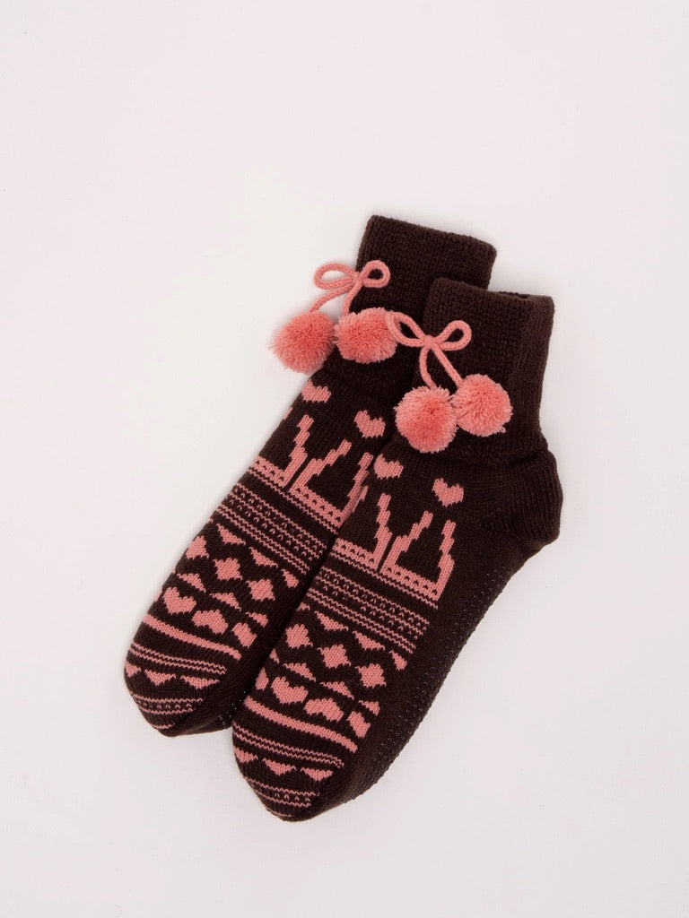 Brakeburn - Pom Pom Patterned Knitted Slippers - Brown/Pink