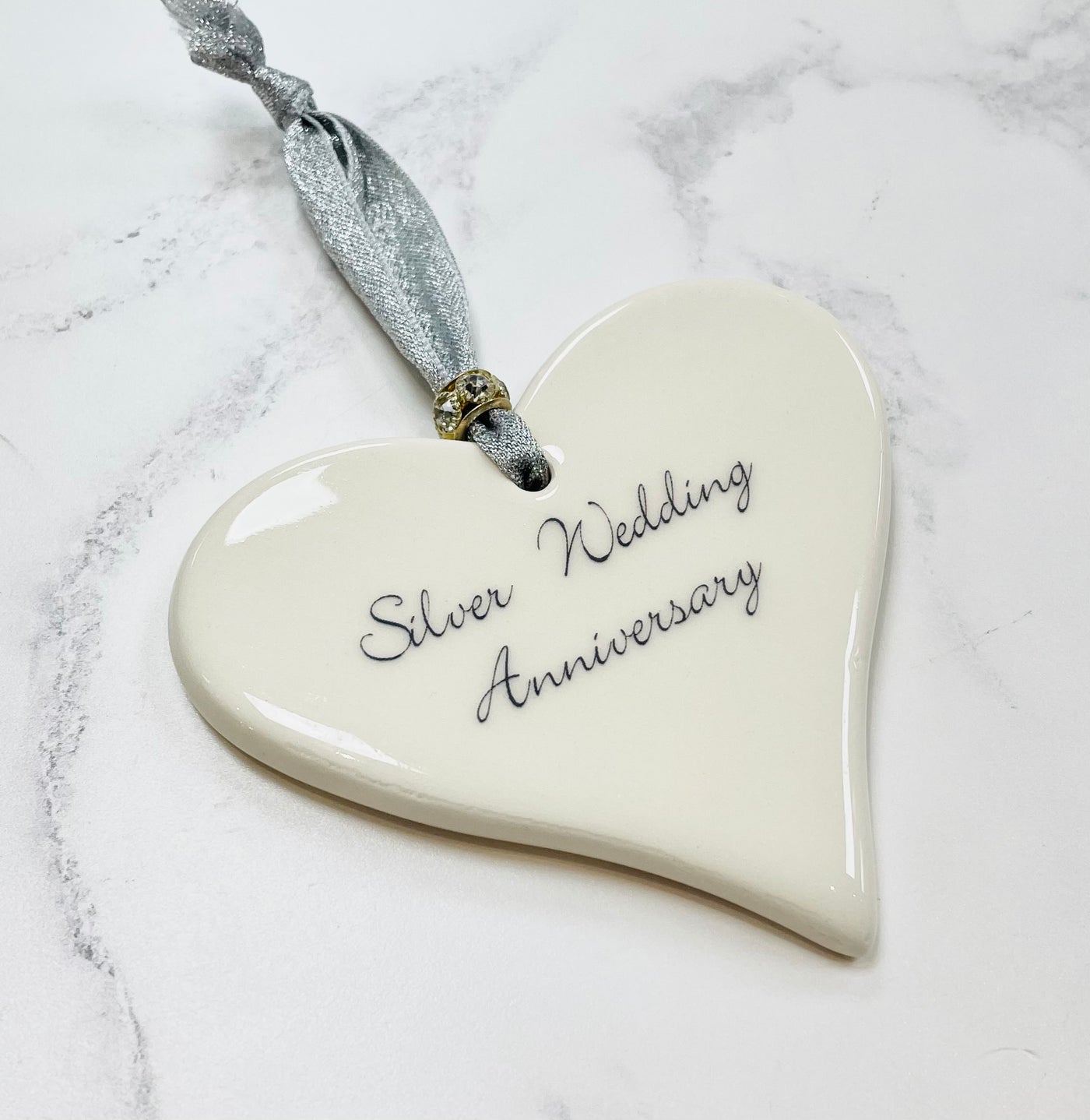 Dimbleby Ceramics LARGE Sentiment Hanging Heart - Silver Wedding Anniversary (Silver Ribbon)