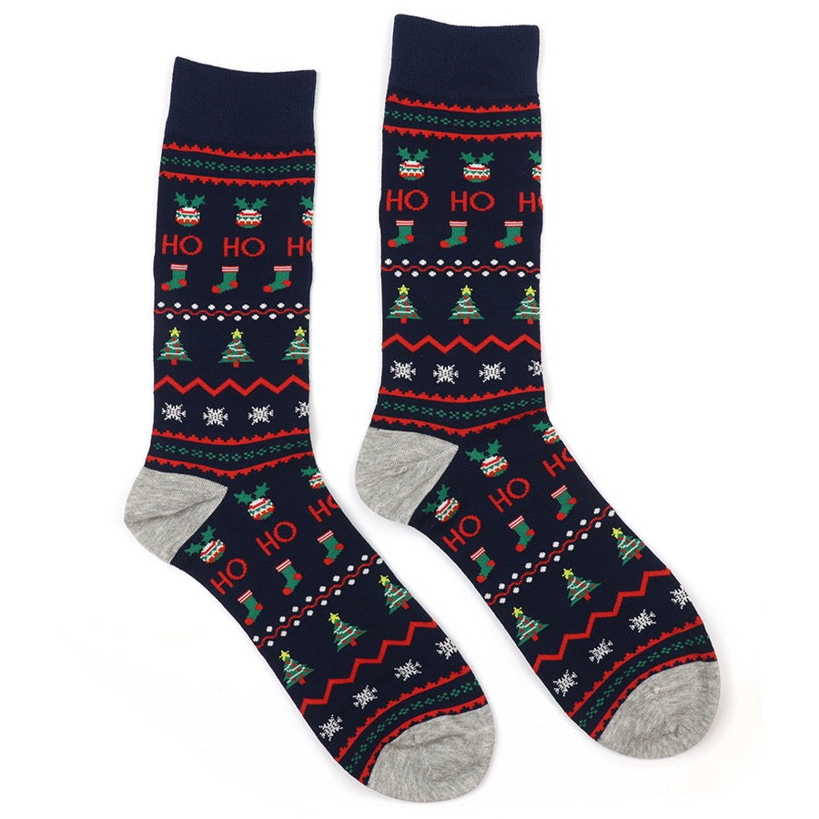POM - Ted - Ho Ho Ho Festive Christmas Print - Mens Ankle Socks - Navy/Red/Multi