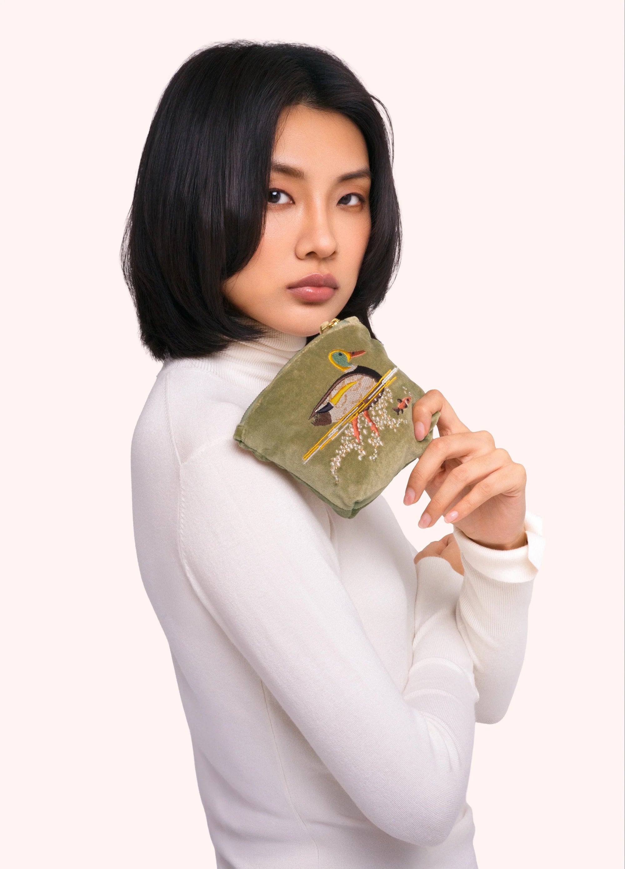 Powder Velvet Mini Tapered Zip Pouch - Duck - Sage Green