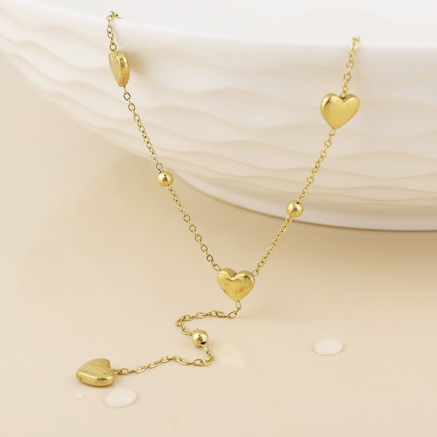 POM WATERPROOF - Rhythm Gold Plated Stainless Steel Mini Hearts Lariat Chain Necklace