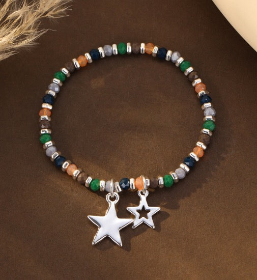 Gracee Jewellery - Multi Coloured Crystal &amp; Silver Stars Charm - Stretch Beaded Bracelet