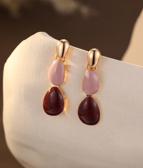 Gracee Jewellery - Burgundy &amp; Pink Enamel Triple Teardrop - Dangly Drop Earrings - Gold