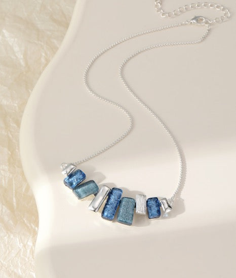 Gracee Jewellery - Blue Glass &amp; Silver Rectangles Necklace - Silver