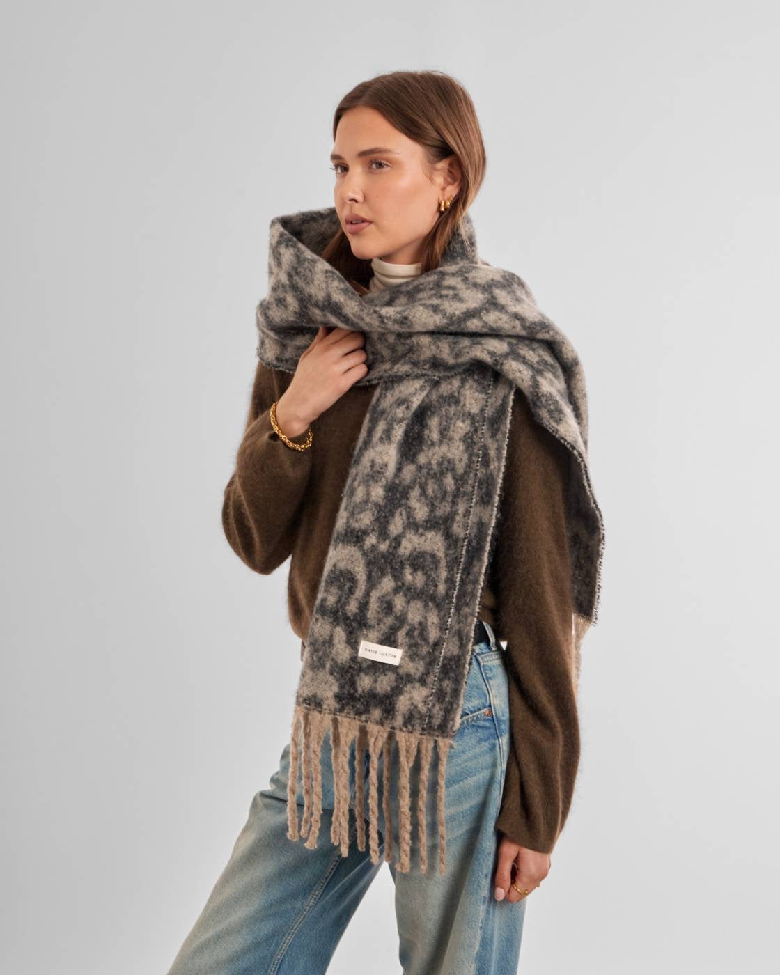 Katie Loxton - Leopard Print - Chunky Cosy Tassel Scarf - Chocolate/Black/Taupe