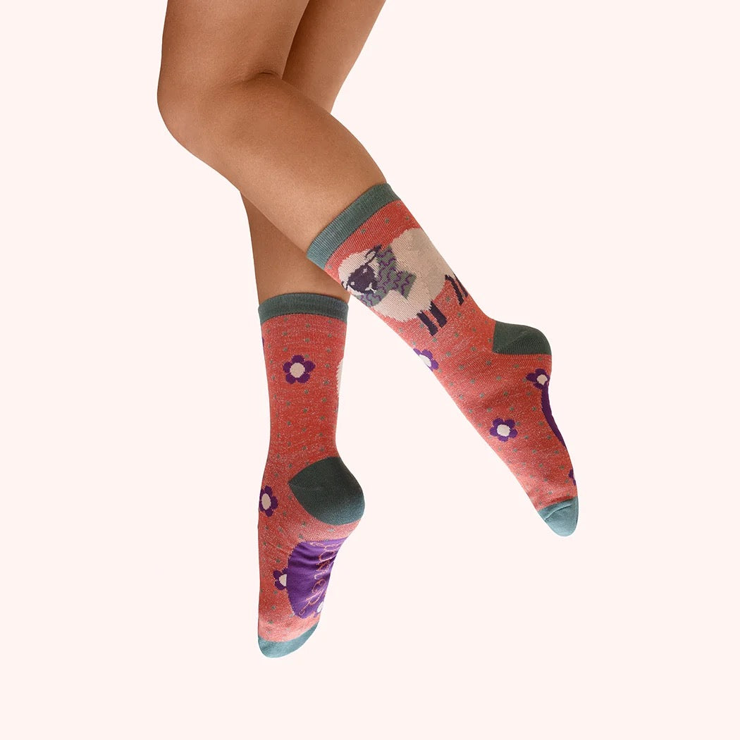 Powder - Sheep in a Scarf Glitter - Ladies Bamboo Ankle Socks - Orange