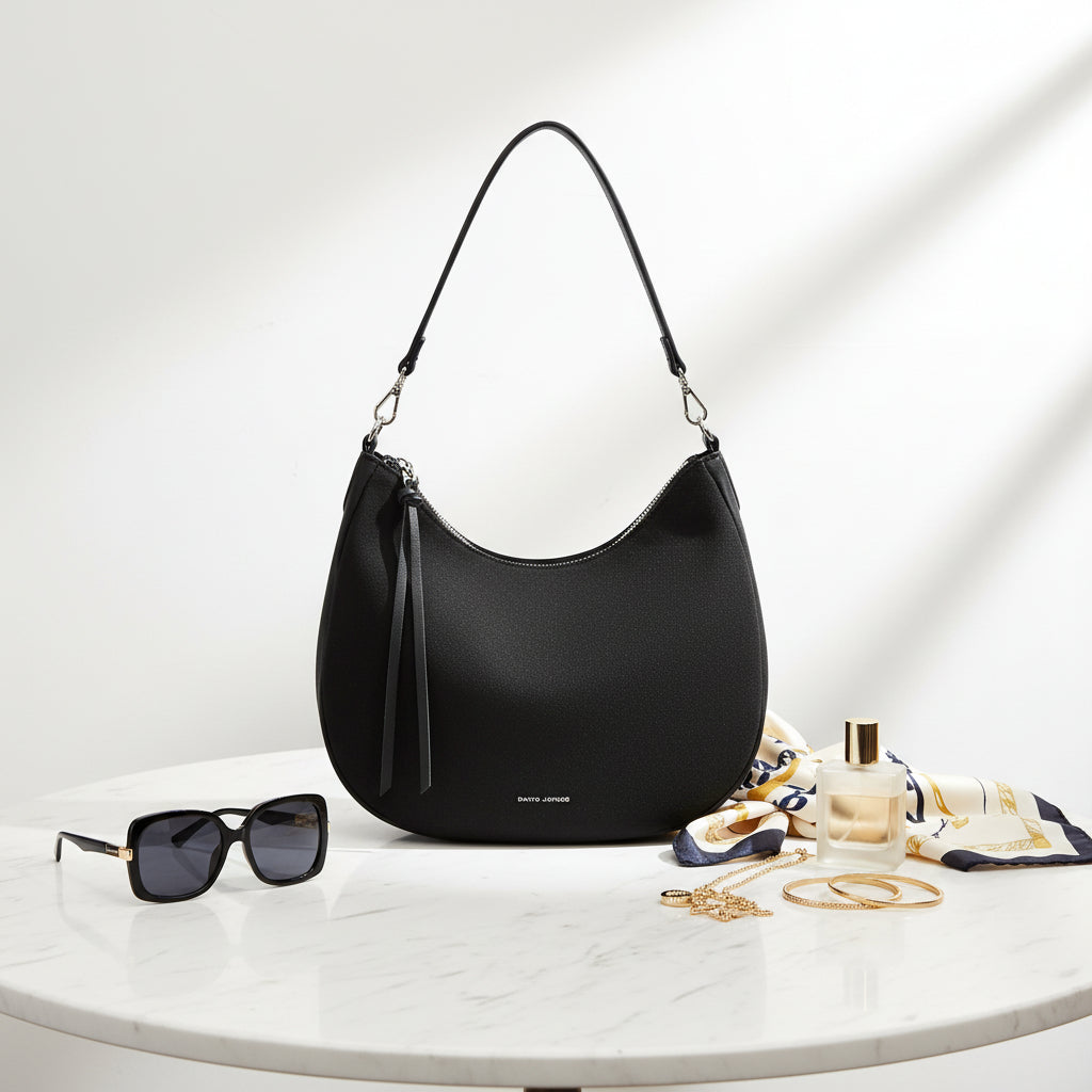 David Jones - (CM8540) Large Scoop Rounded Shoulder Handbag with Tassel - Black