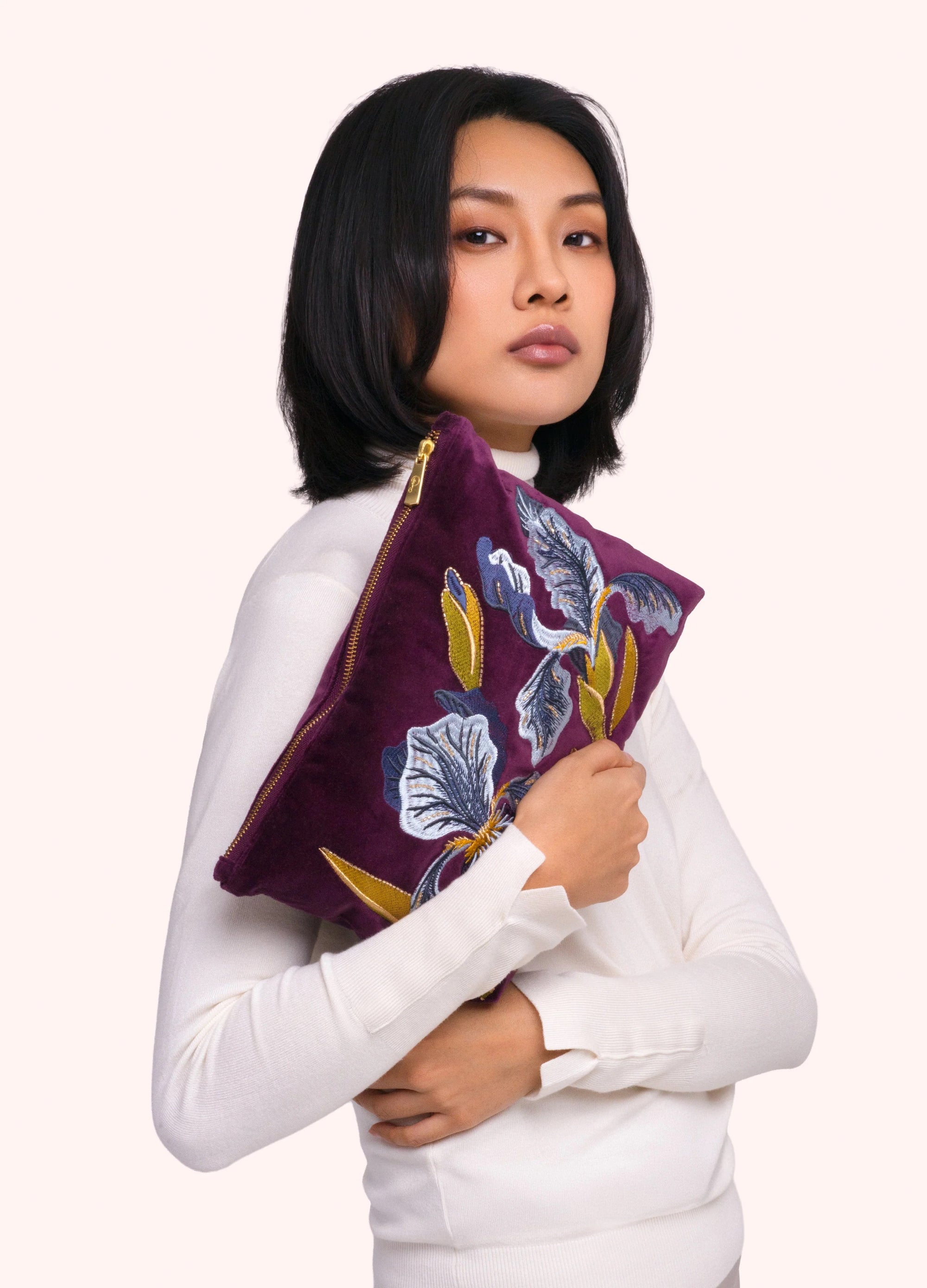 Powder Velvet Large Zip Pouch/Clutch Bag - Iris - Purple
