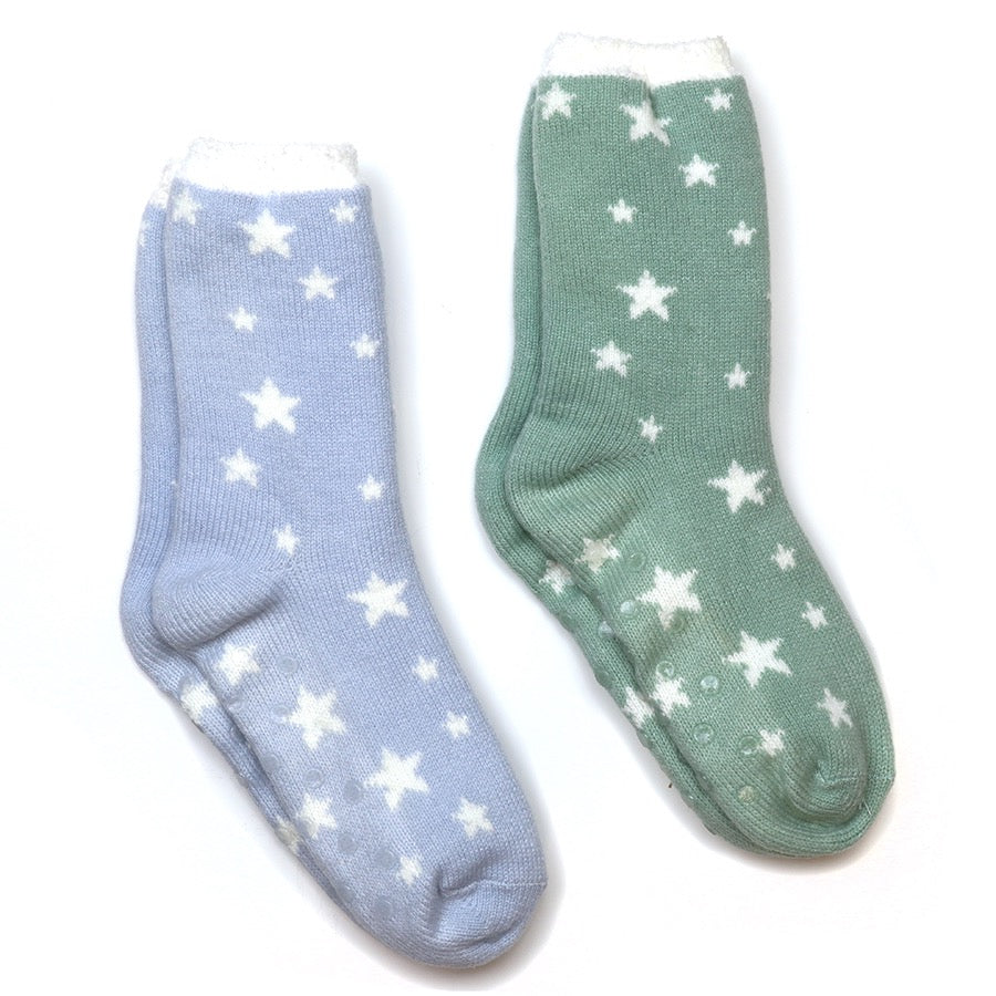 POM - Astra - Star Print - Cosy Slipper Socks - Pack of 2 -Pale Blue/Green