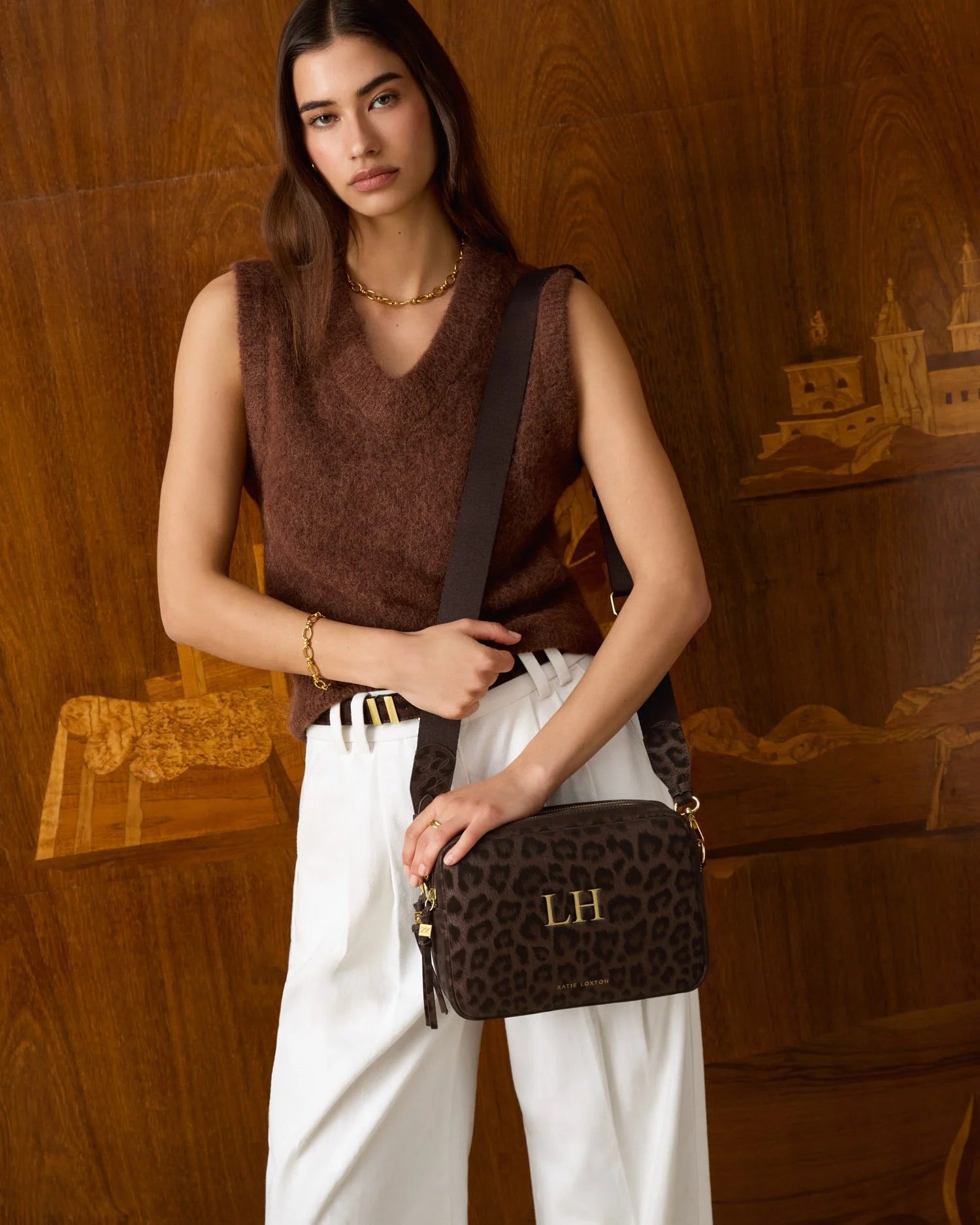 Katie Loxton - Lottie - Large Double Zip Crossbody Bag - Chocolate Leopard