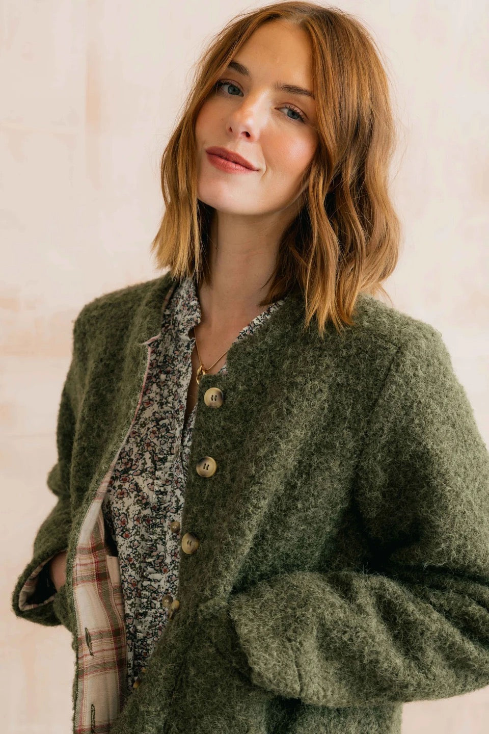 Scarlett - Plain Boucle &amp; Checked Reversible 2in1 Jacket - Dark Olive - Lily &amp; Me