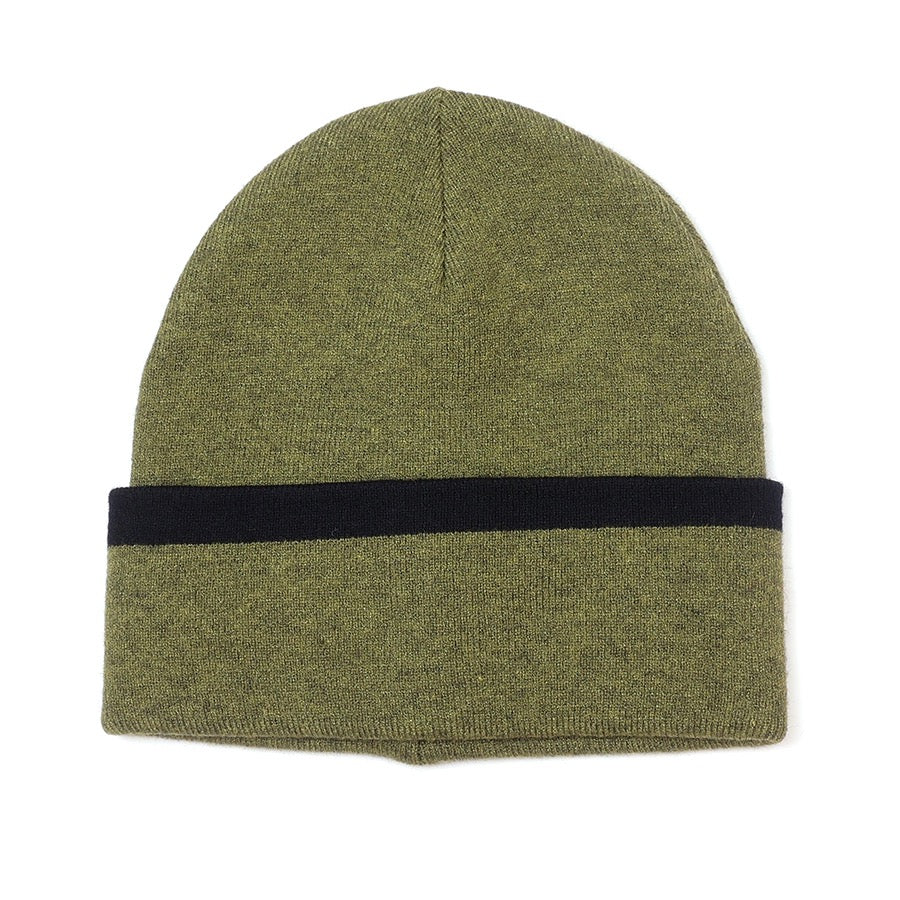 POM - Mens  - Theo Knitted Beanie Hat with Contrast Stripe - Olive Green/Black