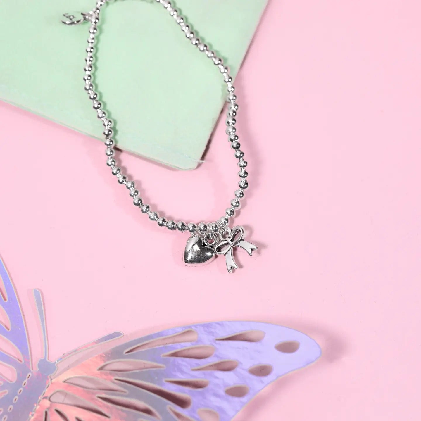 Letterbox Love -Proud Everyday - Heart &amp; Bow - CHILDREN'S - Silver Plated Stretch Bracelet