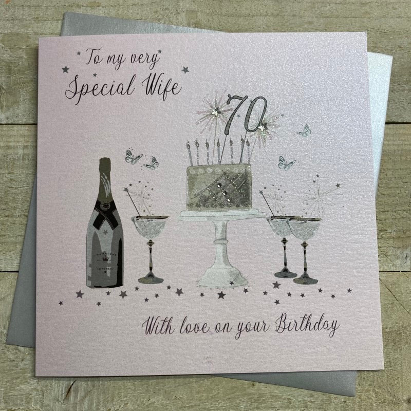 Special Wife 70th Birthday - Champagne &amp; Cake Blush LARGE Card - White Cotton Cards