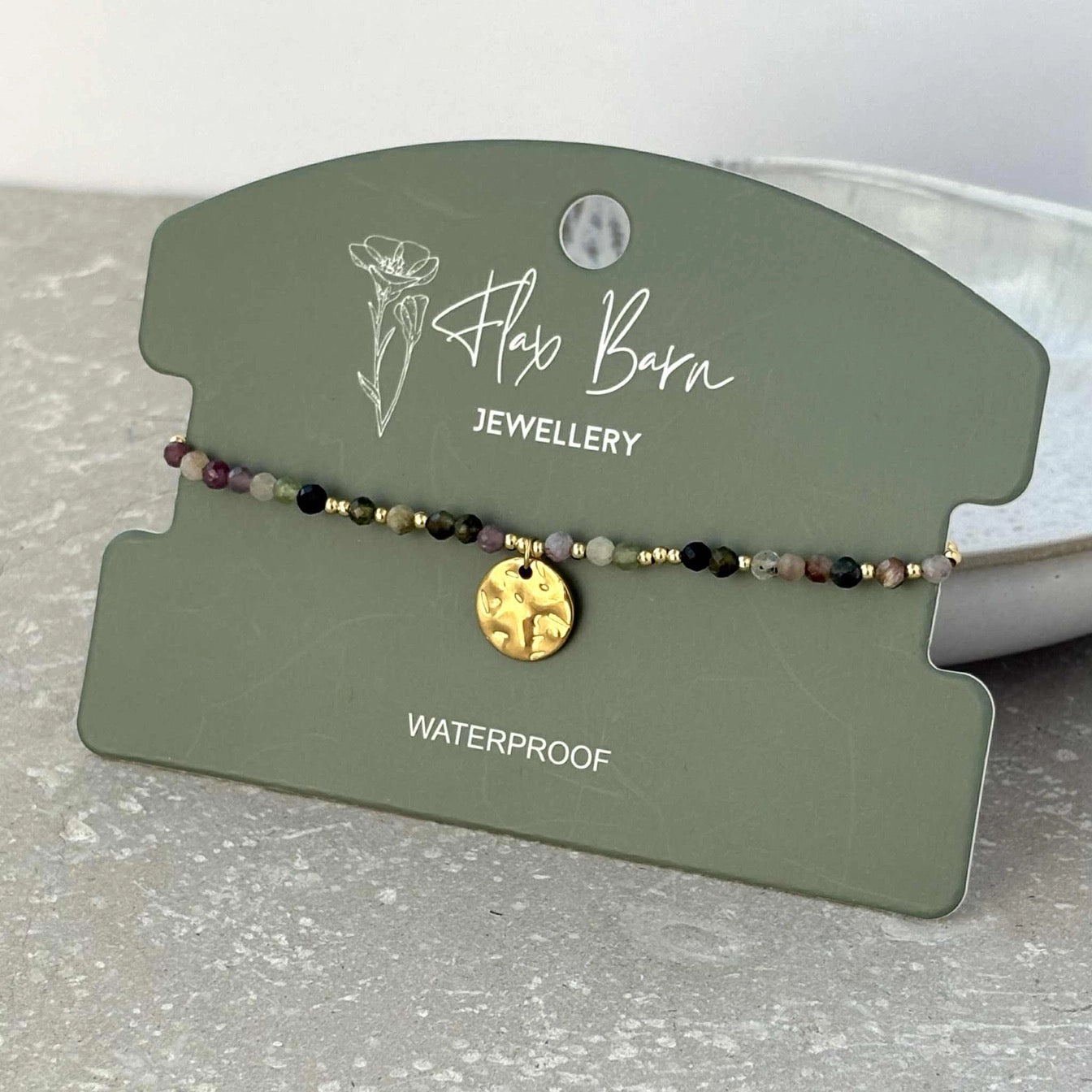 Multi Beaded Bracelet with Gold Hammered Disc Charm - Flax Barn Waterproof Jewellery