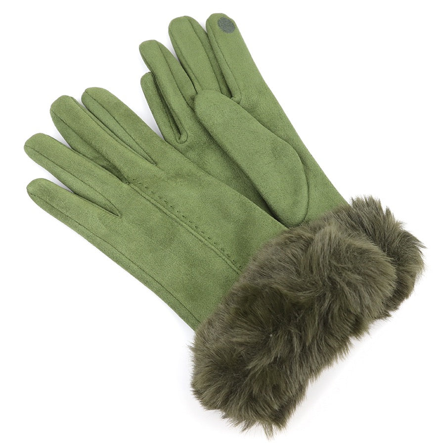 POM - Vivi - Faux Suede &amp; Faux Fur Cuff Gloves - Olive Green